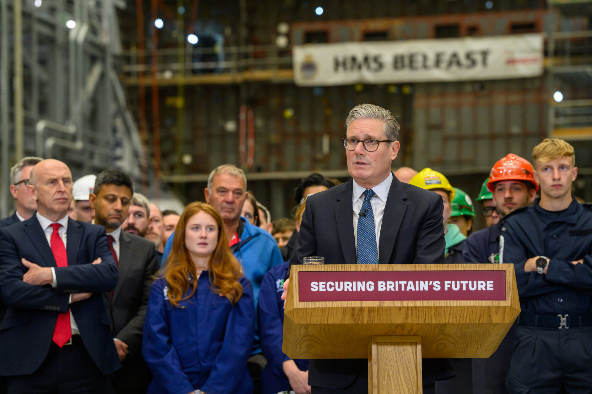 UK Prime Minister, Sir Keir Starmer, addressing BAE Systems employees at our Govan shipyard in Glasgow.